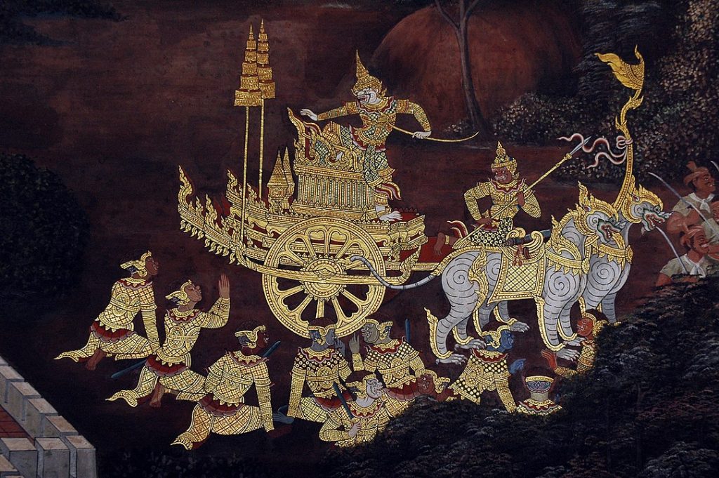 Diwali Hanuman on his chariot, a scene from the Ramakien 